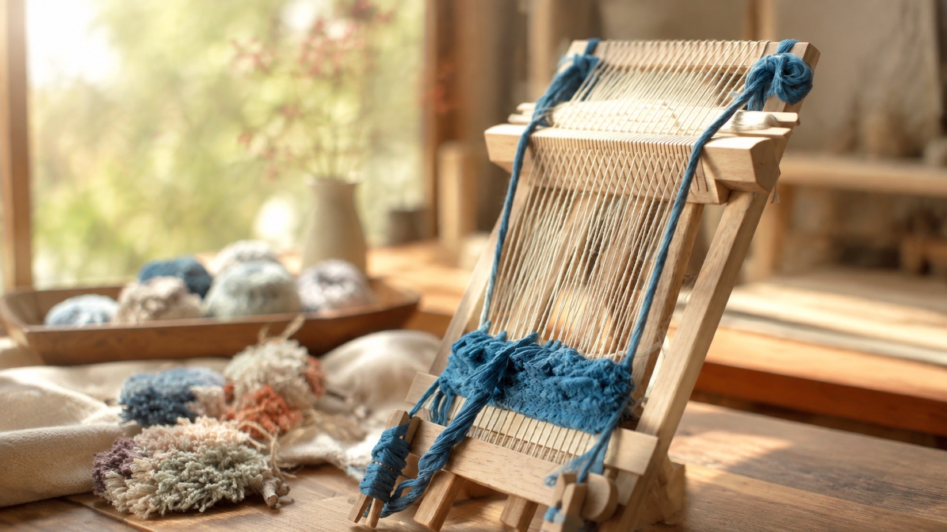 A small wooden frame loom strung with fine cotton warp, a band of blue knotting growing at its base.