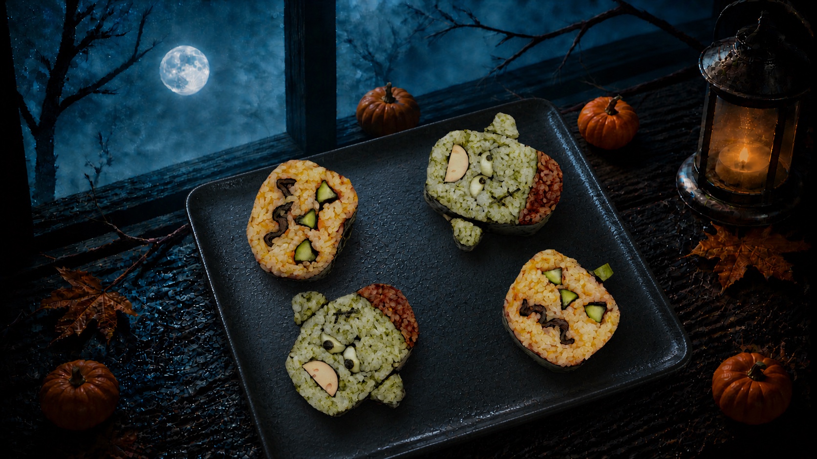 Kazari Maki Zushi Halloween jack-o-lantern and Frankenstein sushi rolls Kazari Maki Zushi Halloween jack-o-lantern and Frankenstein sushi rolls