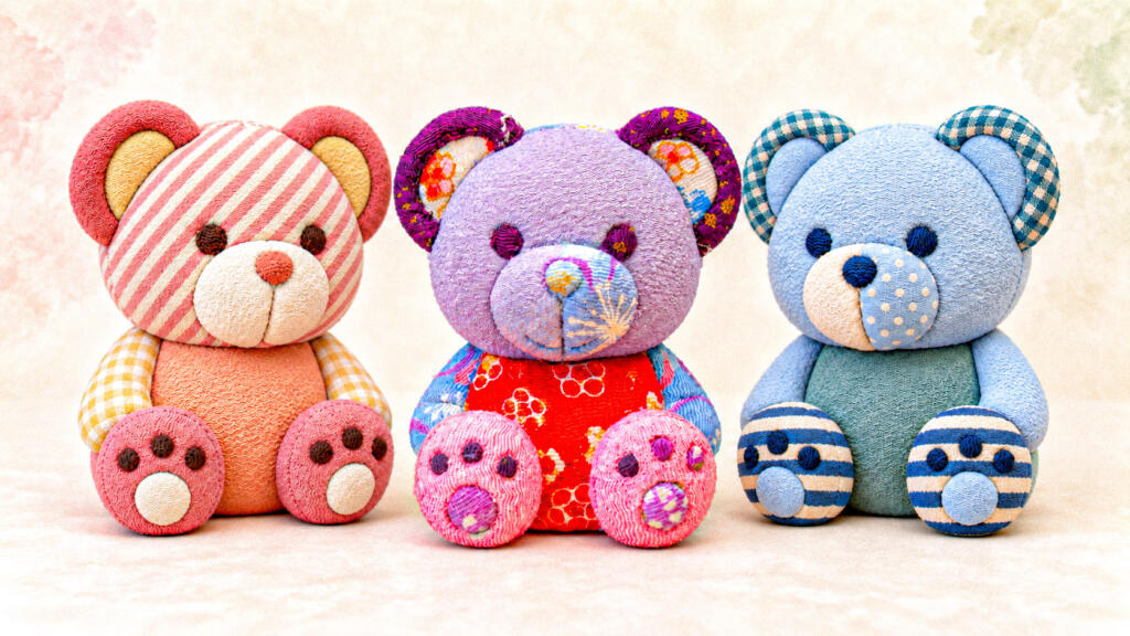 Kimekomi bear dolls in pink, lavender and blue chirimen fabric