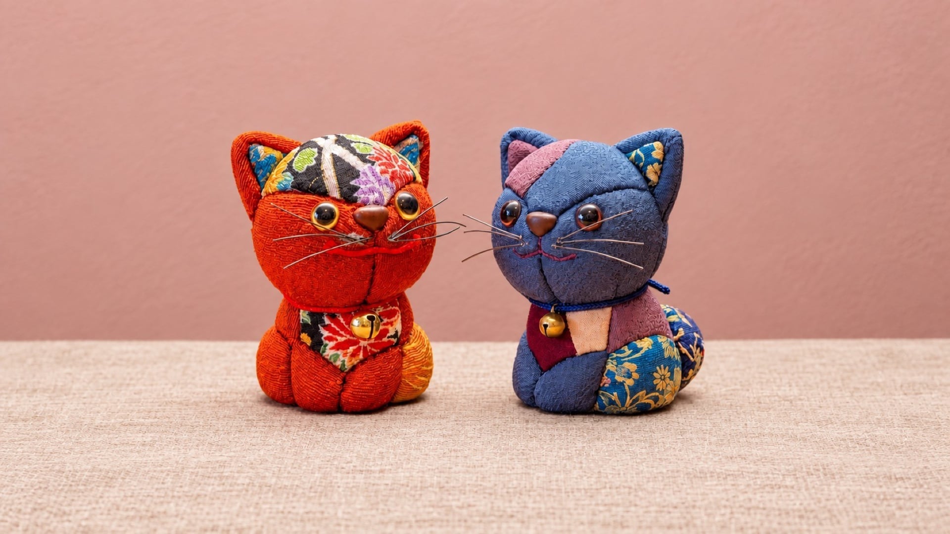 Kimekomi Cat (October 24, 2026) Two kimekomi cat dolls in red and indigo chirimen fabric made at RESOBOX