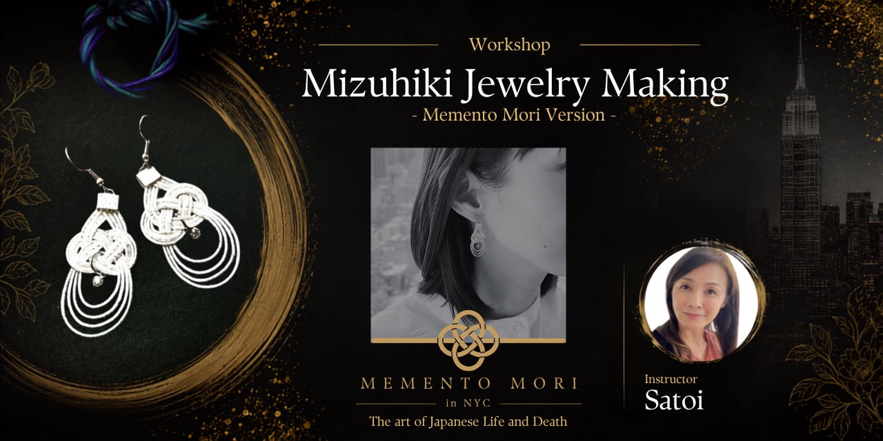 Mizuhiki Jewelry Making, Memento Mori Version: white paper-cord knotted earrings, with instructor Satoi.