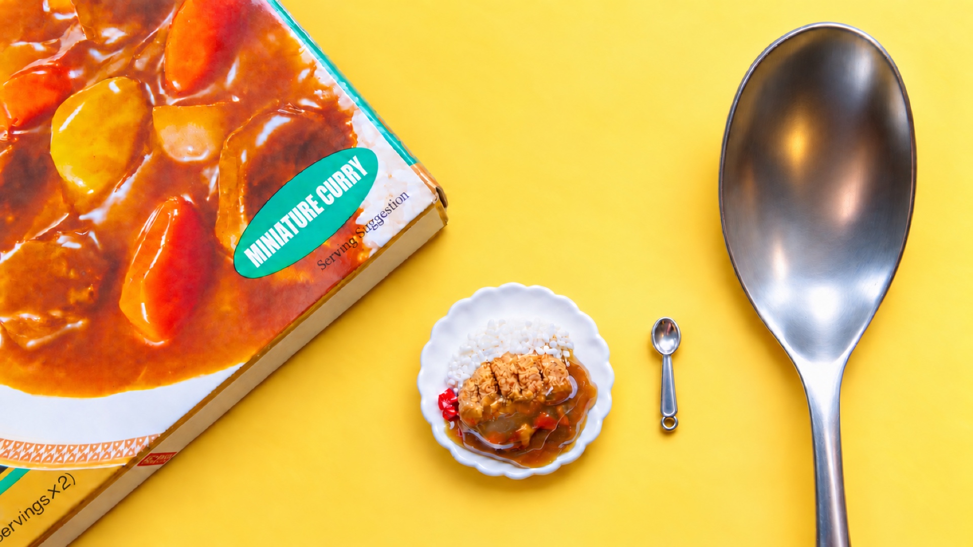 A miniature Japanese katsu curry plate on a tiny scalloped dish, next to a tiny spoon and a full-size spoon