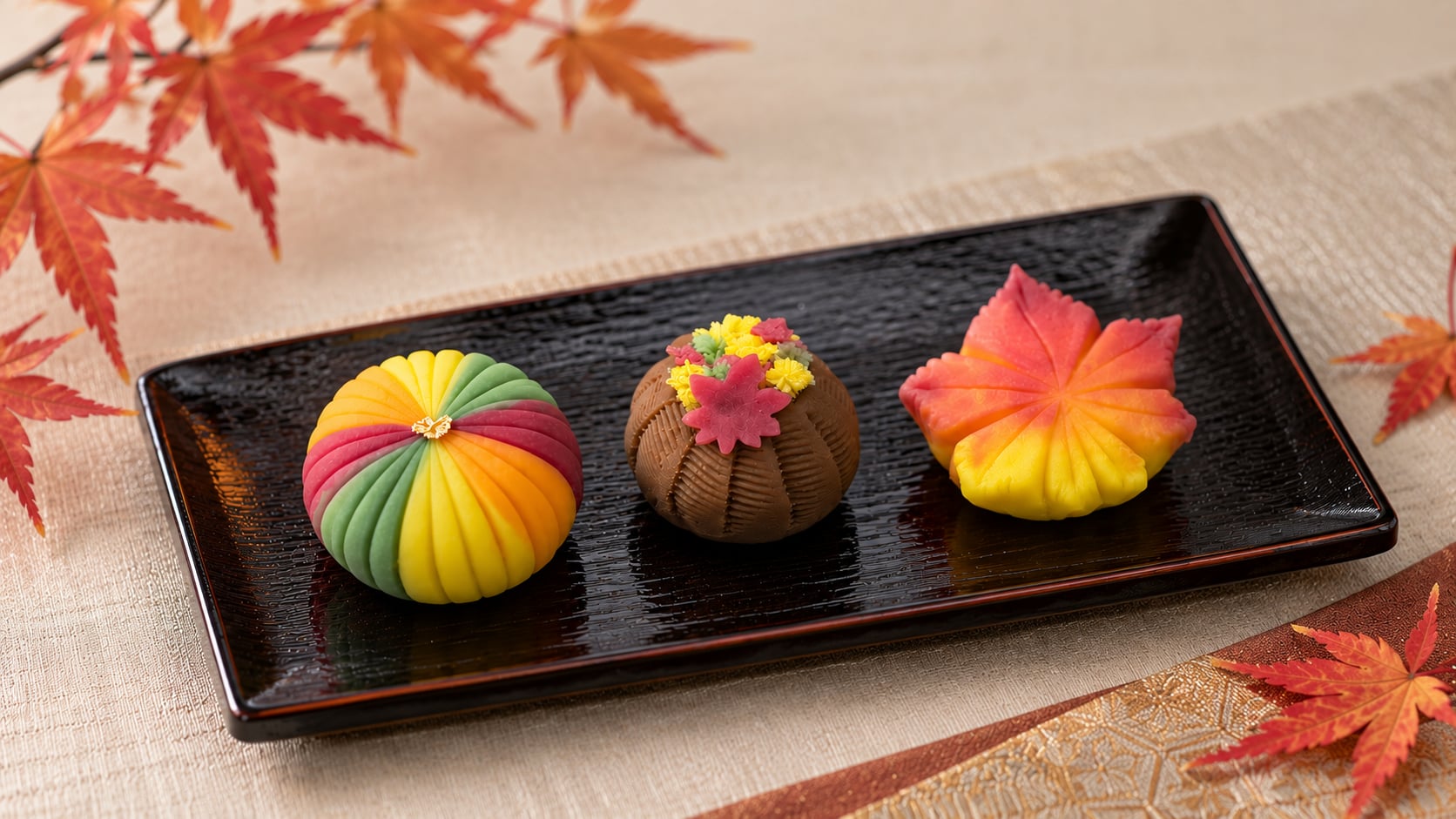 Three nerikiri wagashi on a black lacquer plate: a temari thread ball, a hanakago flower basket, and an autumn maple leaf, surrounded by red maple leaves