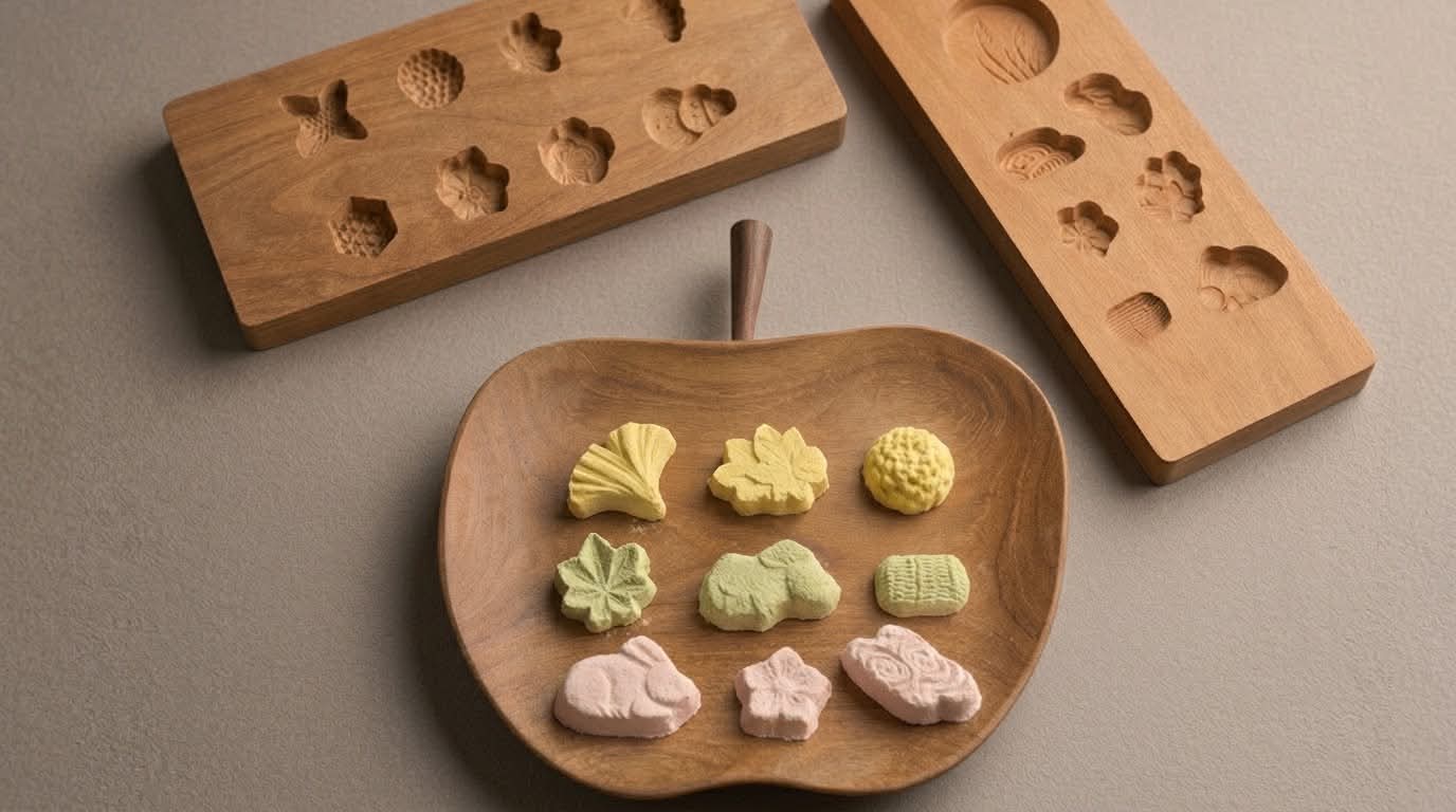 Wasanbon pressed-sugar sweets in yellow, green and pink on a wooden tray beside two carved wooden kashigata molds