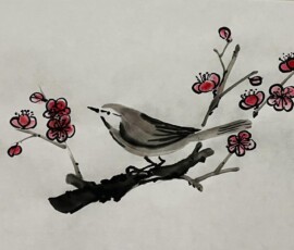 A sumi-e instructor's demonstration painting of a bird perched on a plum blossom branch, with pink flowers rendered in traditional Japanese ink wash style