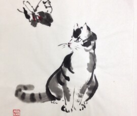 A sumi-e ink painting of a tabby cat gazing up at a butterfly, rendered in expressive Japanese ink wash brushstrokes