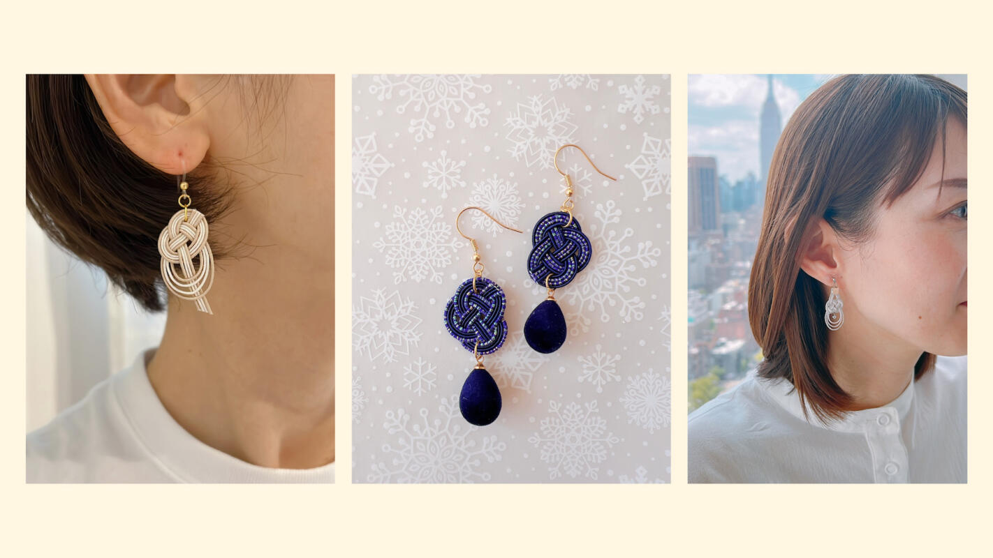 Three styles of handmade mizuhiki earrings — a cream knotted drop, navy beaded knots with gemstone pendants, and a delicate silver spiral — worn and displayed by participants of RESOBOX's mizuhiki class in New York