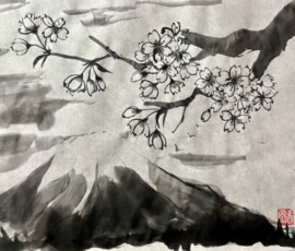 A sumi-e ink painting of Mount Fuji with cherry blossom branches in the foreground, painted in traditional Japanese ink wash style