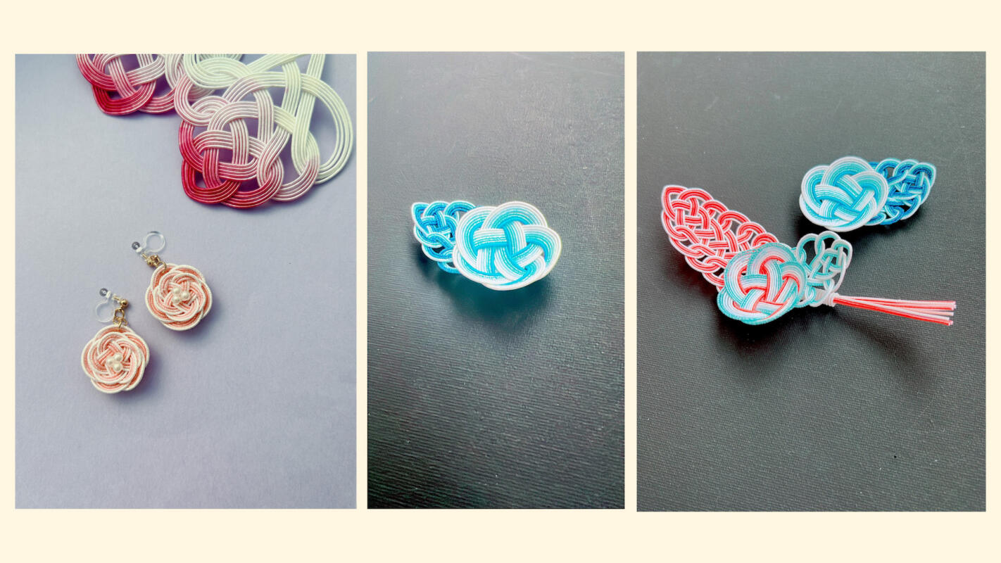 A collection of handmade mizuhiki accessories including rose-knot earrings, a turquoise plum blossom brooch, and a decorative hair clip — crafted in RESOBOX's traditional Japanese cord art class in New York