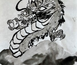 A sumi-e ink painting of a dragon emerging from clouds, created with bold brushstrokes in traditional Japanese ink wash style